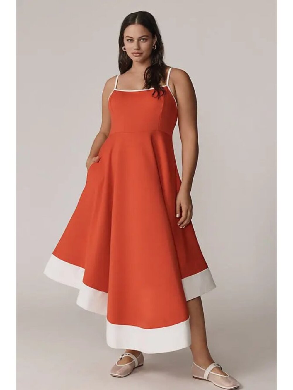 Anthropologie Maeve Colorblock A-Line Midi Dress Red High Low Preppy Size 2X